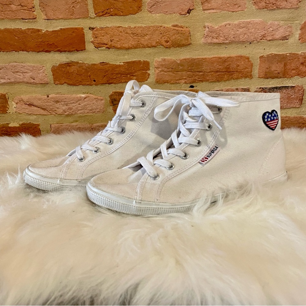 Superga White Canvas High Top Sneakers with American Flag Heart Patch Size 10